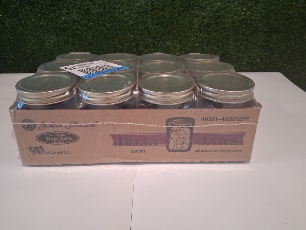 Golden Harvest Regular Mouth Jelly Jars 8 oz Half Pint 250ml Lids Bands 12 Pack